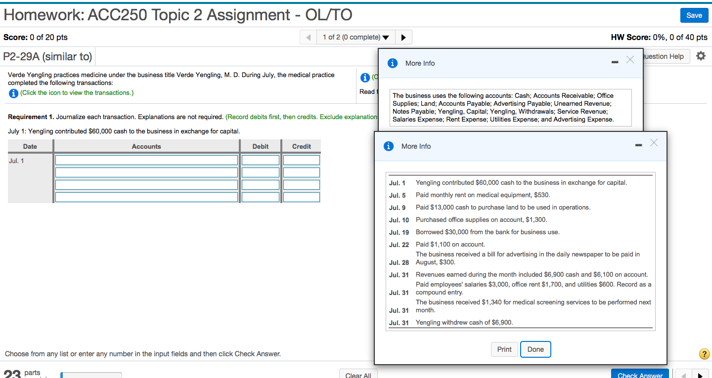  Homework: ACC250 Topic 2 Assignment - OL/TO Save Score: 0 of