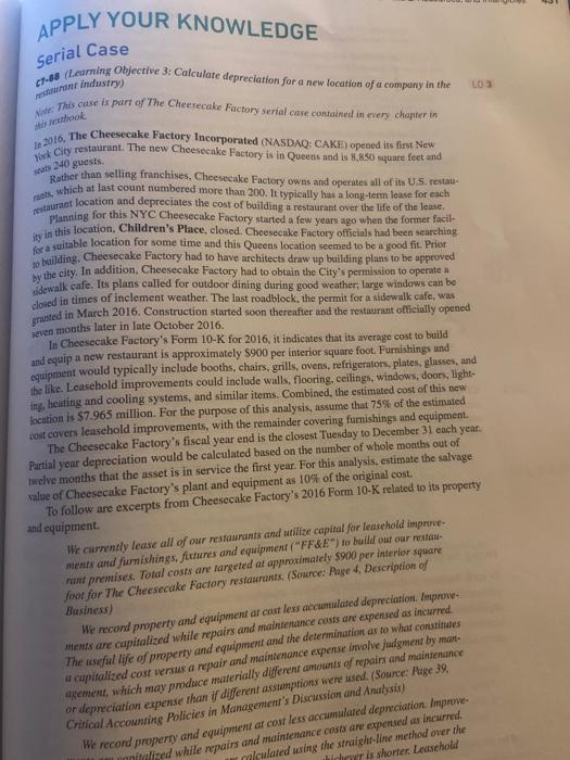  APPLY YOUR KNOWLEDGE c7-58 (Learning Objective 3. Calculate depreciation for a