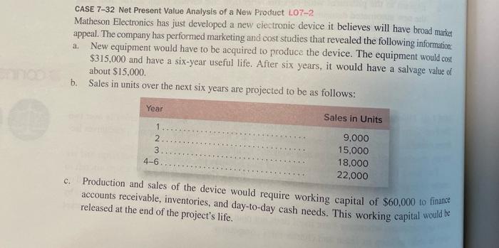  a. CASE 7-32 Net Present Value Analysis of a New Product