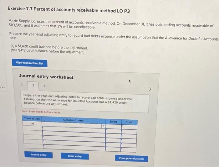 can anyone help me with this problem? Exercise 7-7 Percent of accounts