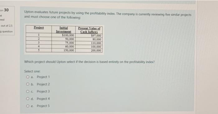  on 30 Upton evaluates future projects by using the profitability index.