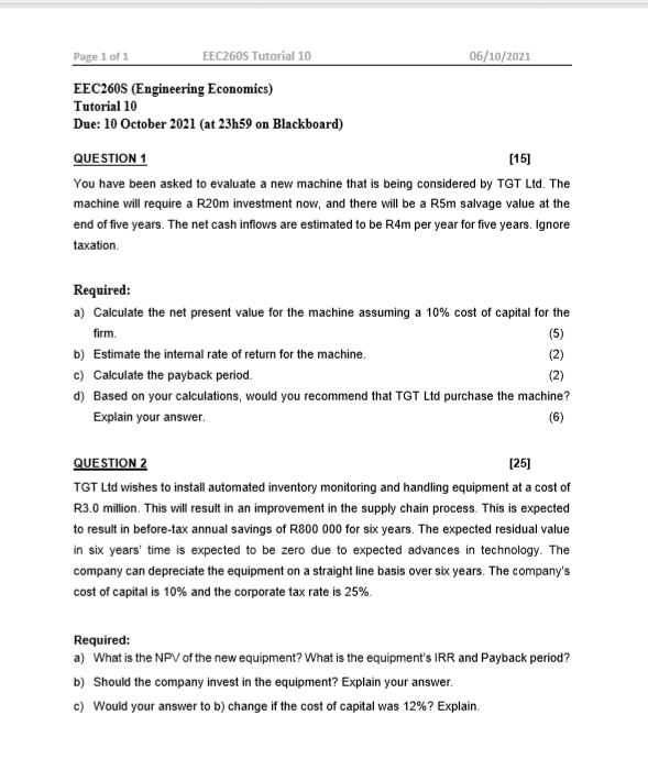 Page 1 of 1 EEC260S Tutorial 10 06/10/2021 EEC260S (Engineering Economics)