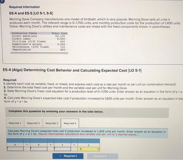 monthly production costs for the production of 1400 units follow. Morning Dove's