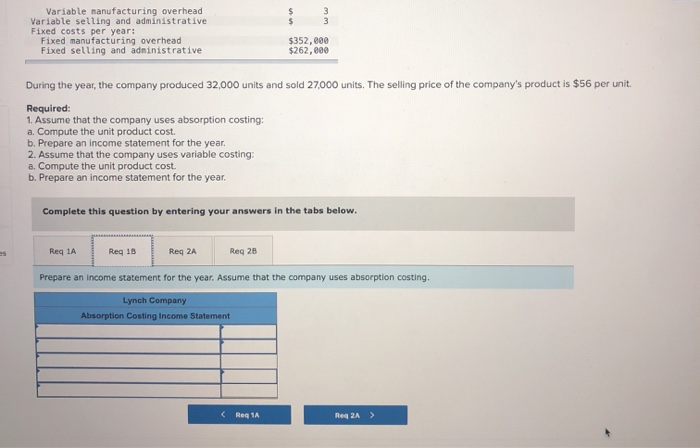Statements (LO6-1, LO6-2] Lynch Company manufactures and sells a single product. The