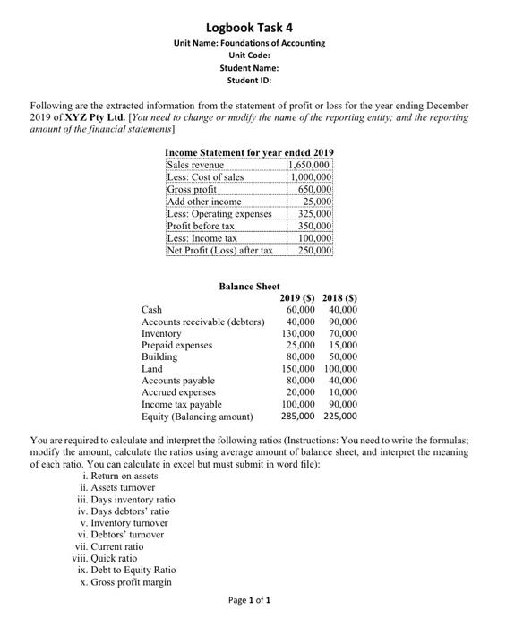  Logbook Task 4 Unit Name: Foundations of Accounting Unit Code: Student