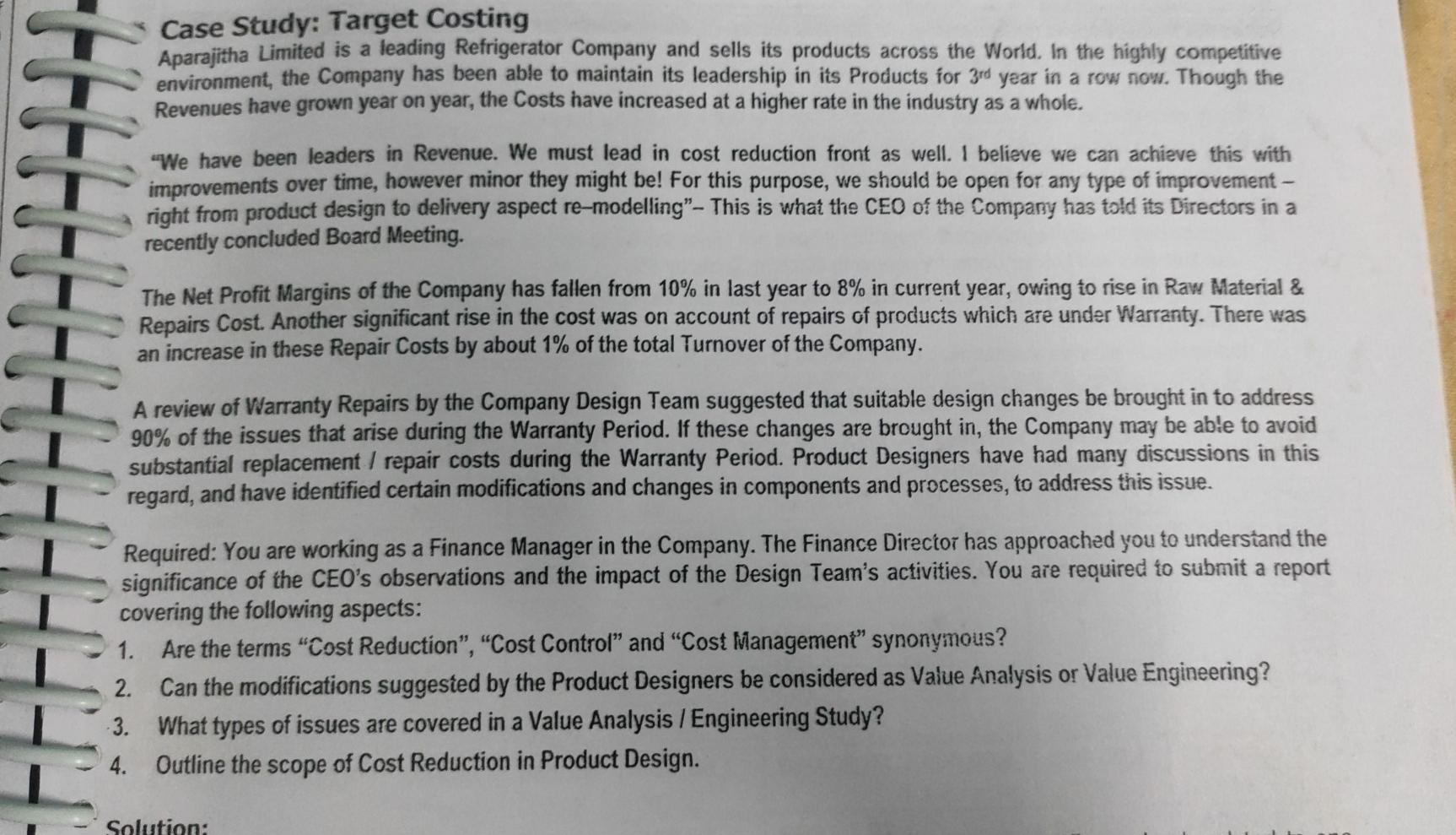 Need all only Case Study: Target Costing Aparajitha Limited is a