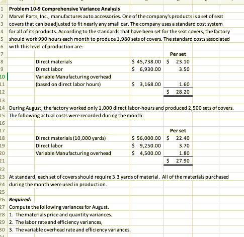  Problem 10-9 Comprehensive Variance Analysis Marvel Parts, Inc., manufactures auto accessories.