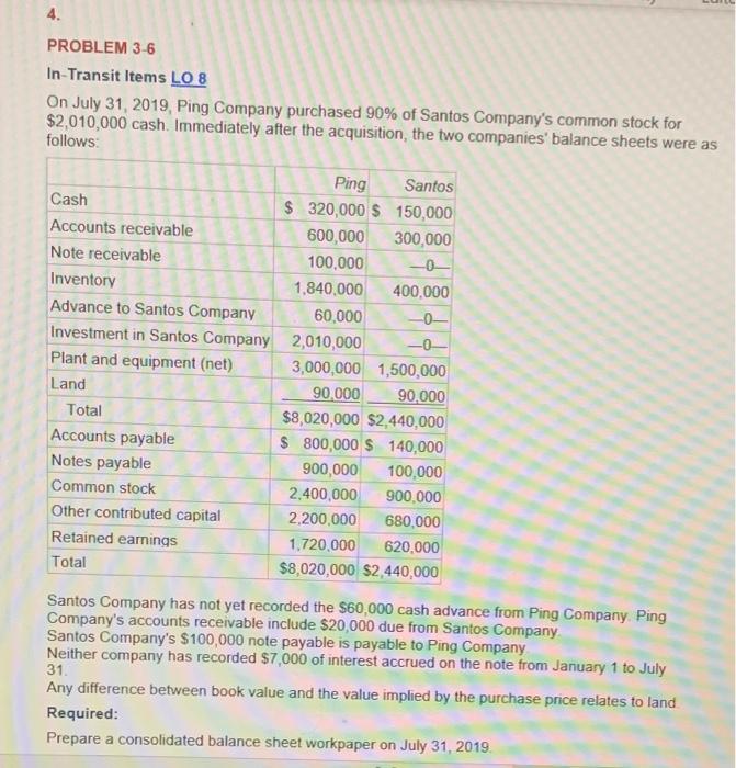  4. PROBLEM 3-6 In-Transit Items LO 8 On July 31, 2019,
