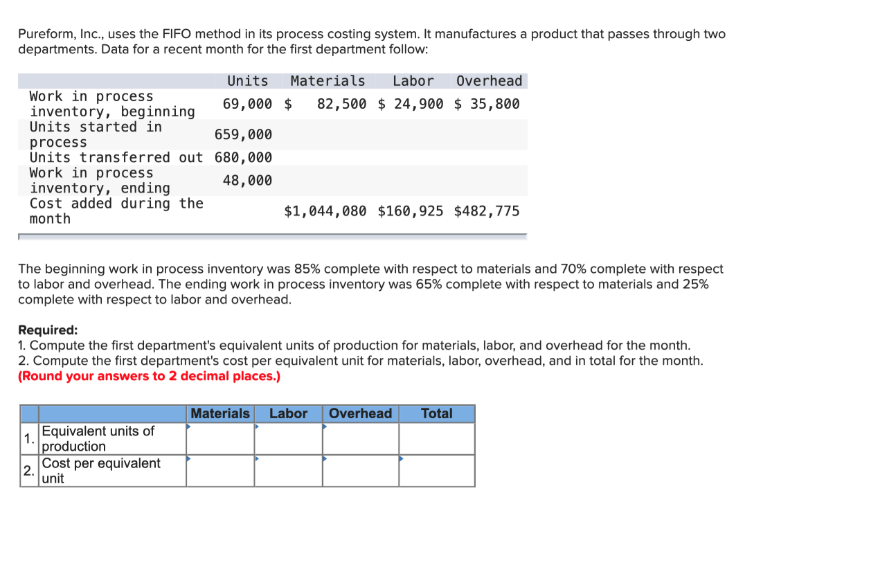  Pureform, Inc., uses the FIFO method in its process costing system.