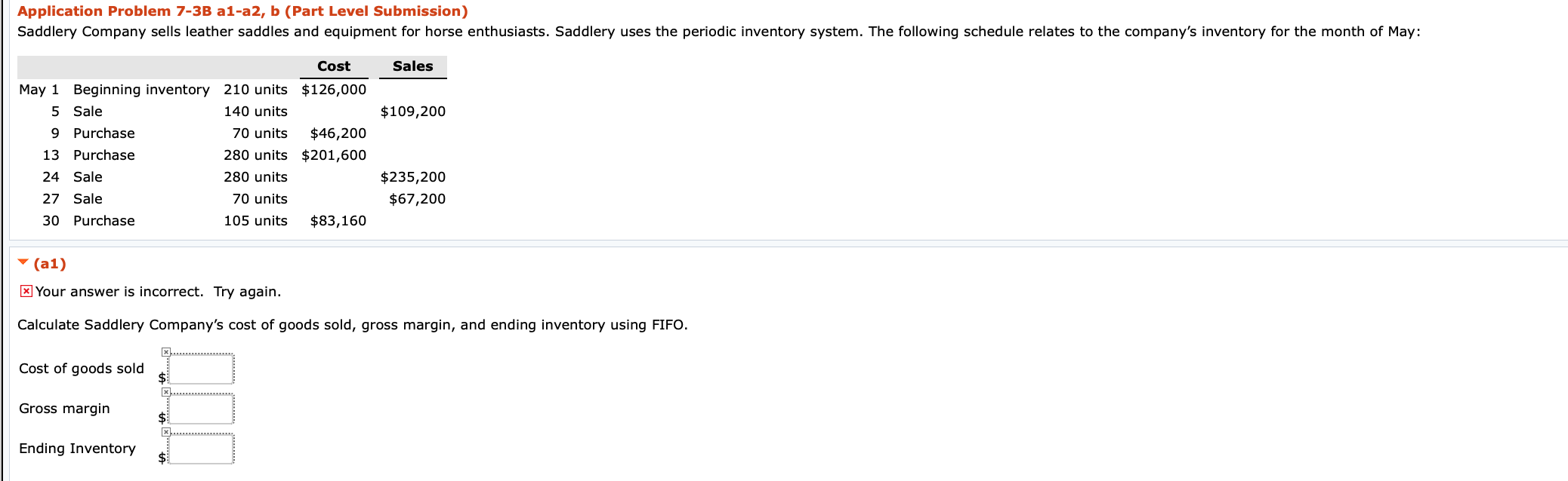 Need help on FIFO method: Application Problem 7-3B a1-a2, b (Part Level