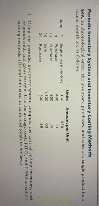 data provided in E4A. 1. Using the perpetual inventory system, compute the