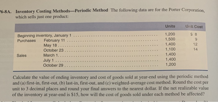 6-8A. Inventory Costing Methods-Periodic Method The following data are for the