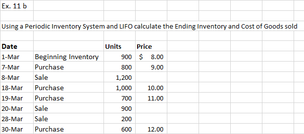  Ex. 11 b Using a Periodic Inventory System and LIFO calculate