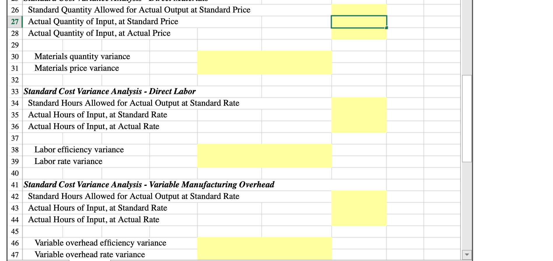 has asked you to compute the basic variances and the impact of