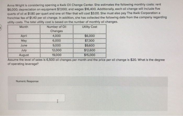  Anna Wright is considering opening a Kwik Oll Change Center. She