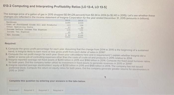  E13-2 Computing and Interpreting Profitability Ratios (LO 13-4, LO 13-5) The