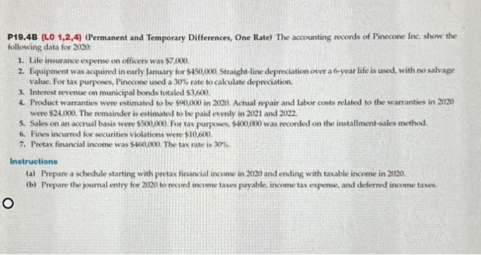  P19.4B (L0 1,2,4) (Permanent and Temporary Differences, One Rate) The accounting