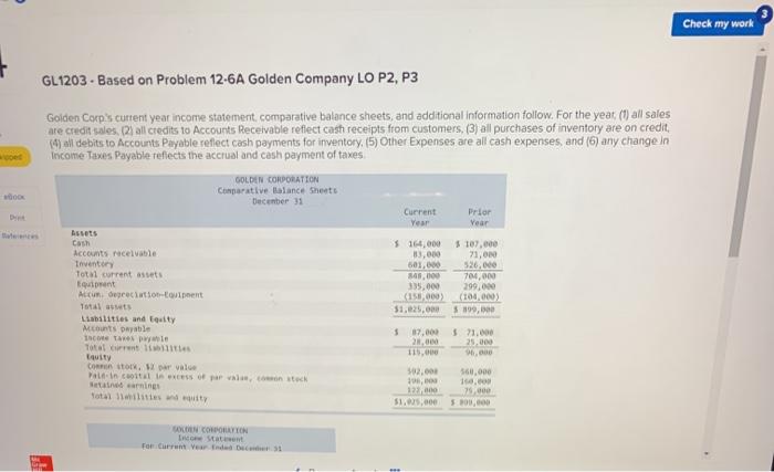  Check my work GL1203 - Based on Problem 12-6A Golden Company
