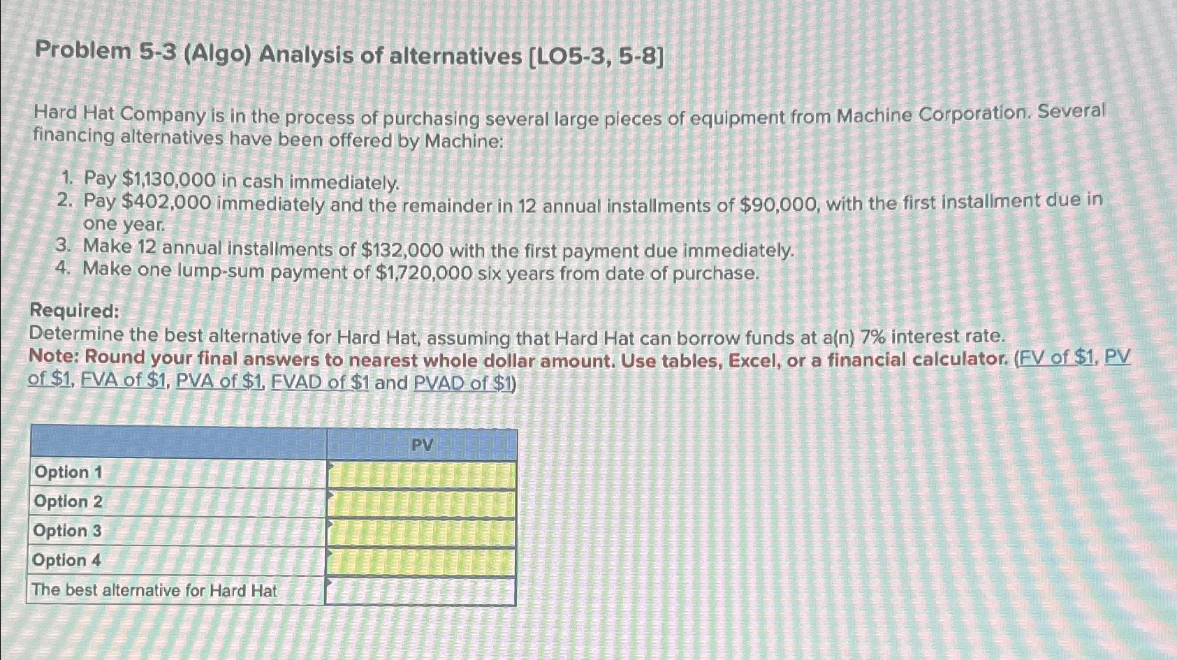  Problem 5-3(Algo) Analysis of alternatives [LO5-3,5-8] Hard Hat Company is in
