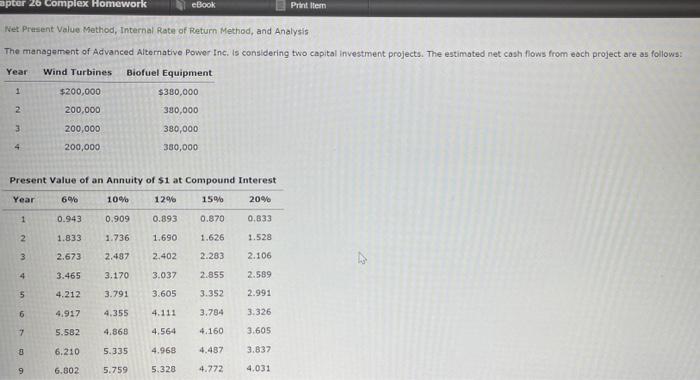  apter 26 Complex Homework eBook Printer Net Present Value Method, Internal