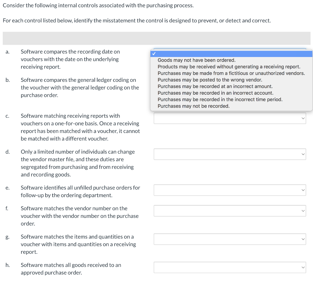  Consider the following internal controls associated with the purchasing process. For