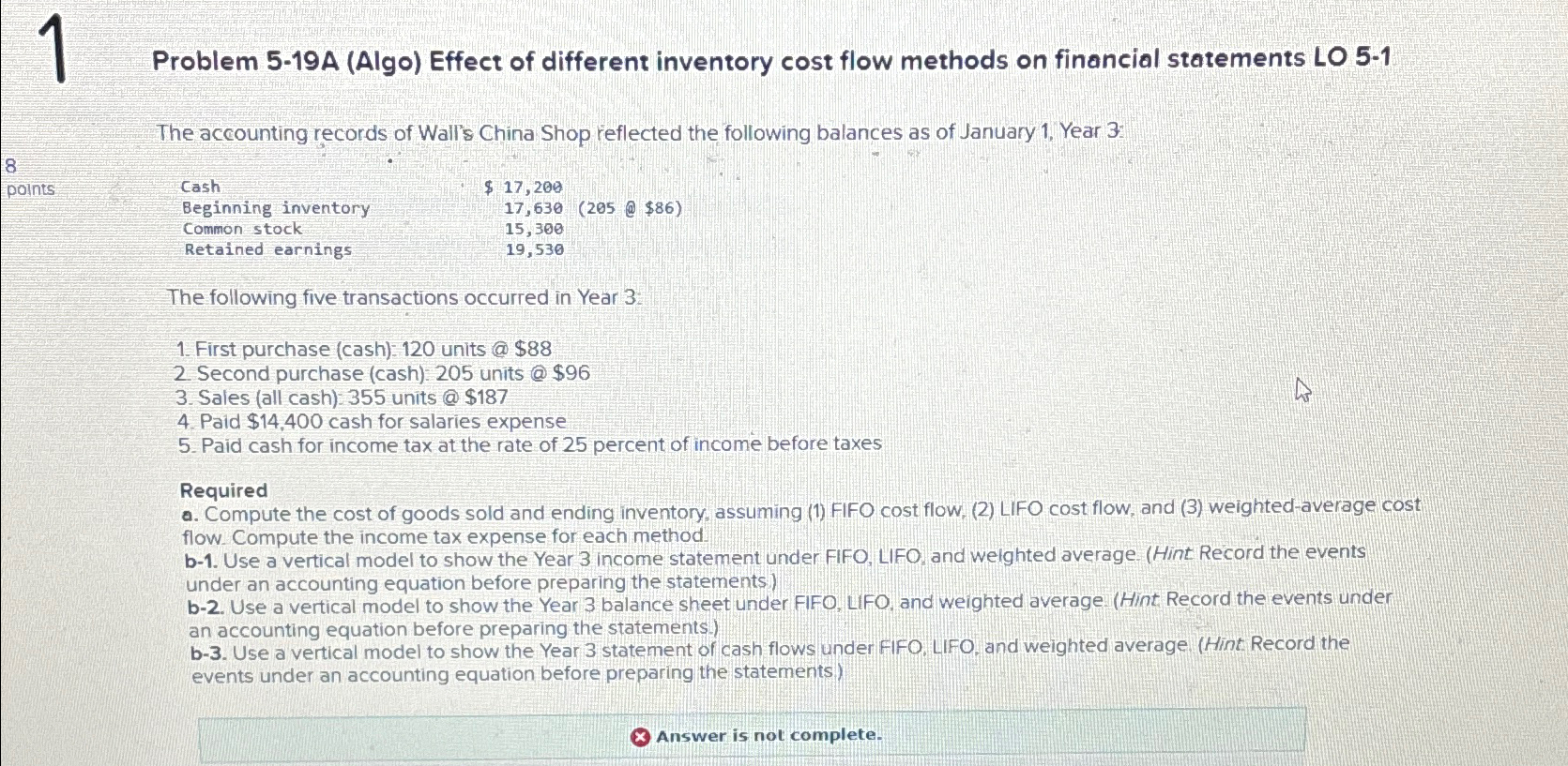  1 Problem 5-19A (Algo) Effect of different inventory cost flow methods
