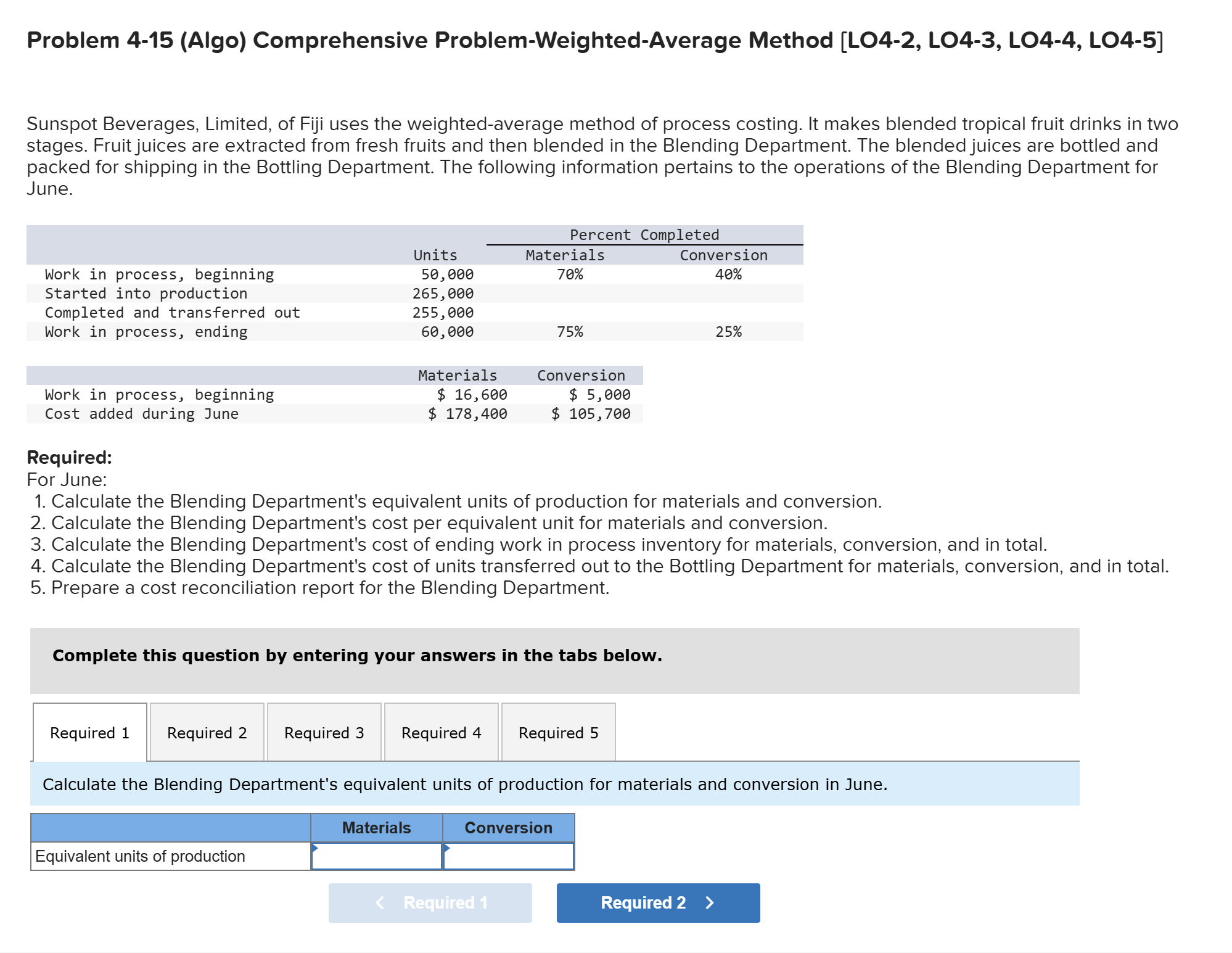  Problem 4-15(Algo) Comprehensive Problem-Weighted-Average Method [LO4-2, LO4-3, LO4-4, LO4-5] Problem 4-15(Algo)