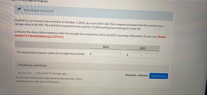  empt in Progress Your answer is incorrect Sandhill Co. purchased a