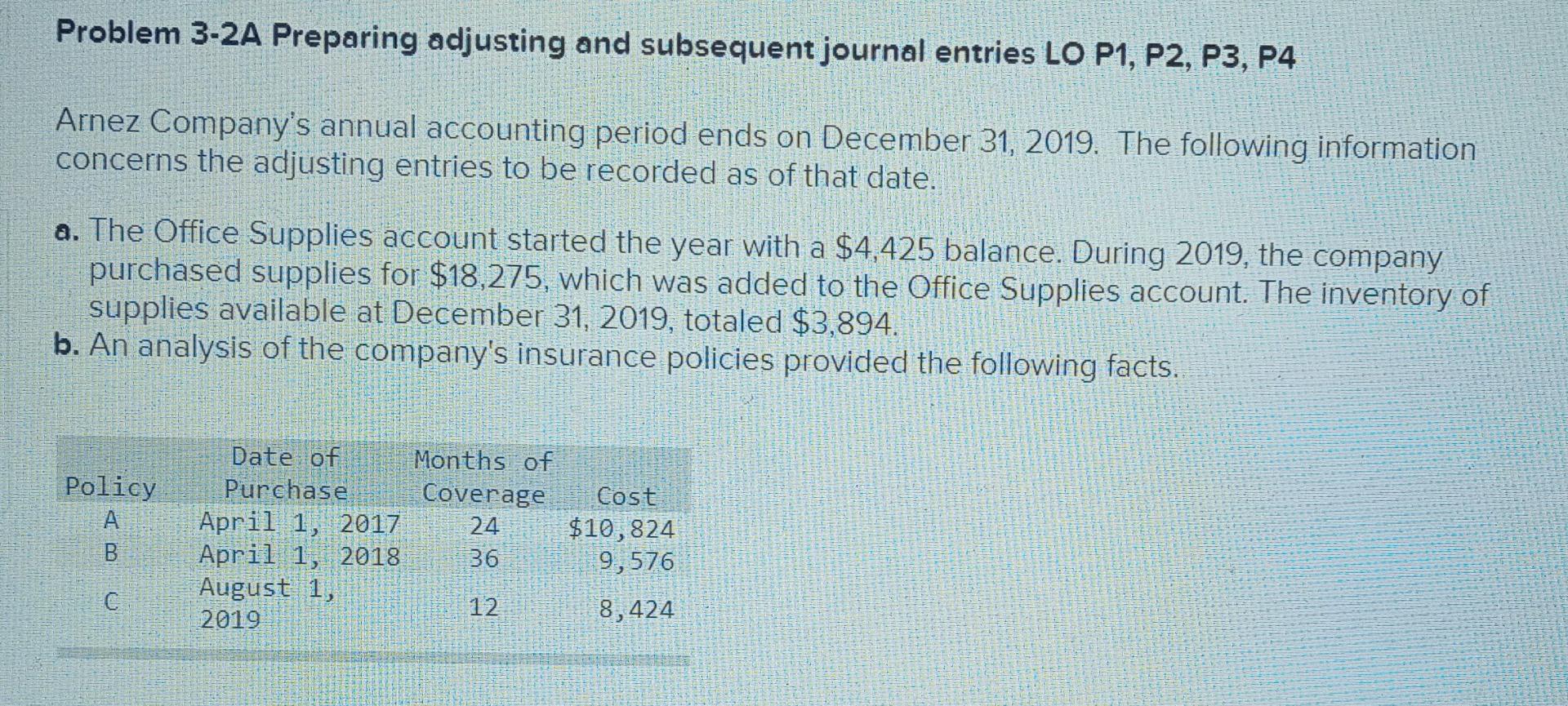  Problem 3-2A Preparing adjusting and subsequent journal entries LO P1, P2,