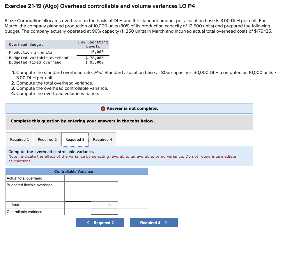  Exercise 21-19(Algo) Overhead controllable and volume variances LO P4 Blaze Corporation