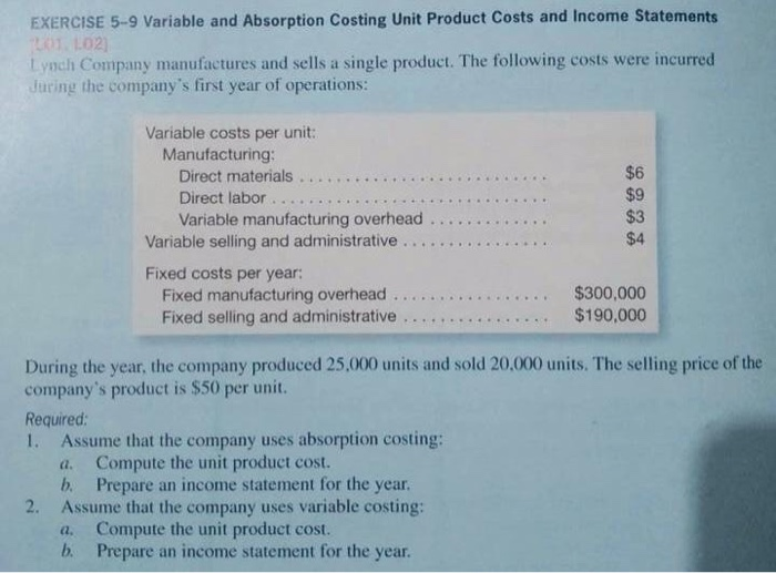  EXERCISE 5-9 Variable and Absorption Costing Unit Product Costs and Income