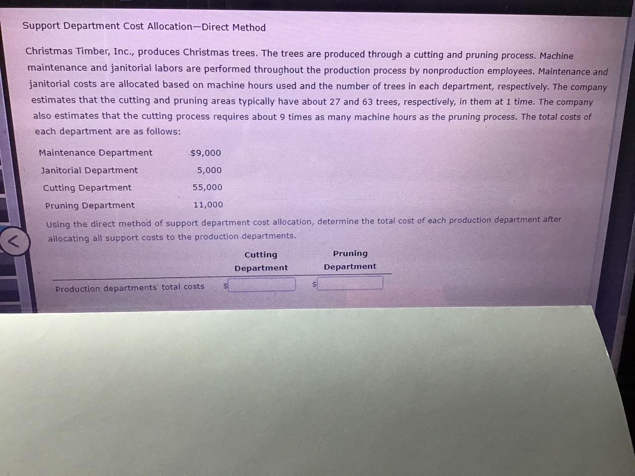 Please explain your answer. Thanks Support Department Cost Allocation Direct Method Christmas