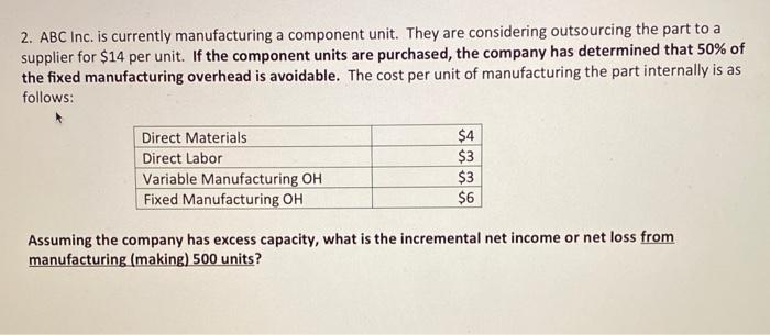  2. ABC Inc. is currently manufacturing a component unit. They are