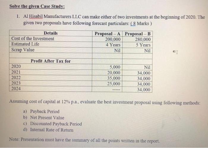  Solve the given Case Study: 1. Al Hisabil Manufacturers LLC can