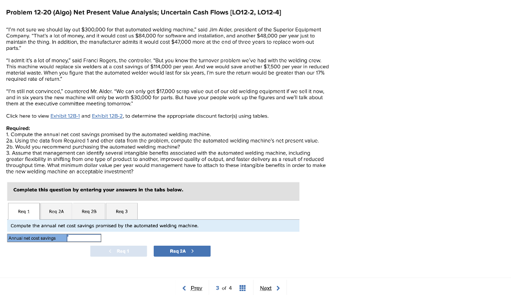 Problem 12-20 (Algo) Net Present Value Analysis: Uncertain Cash Flows [LO12-2,