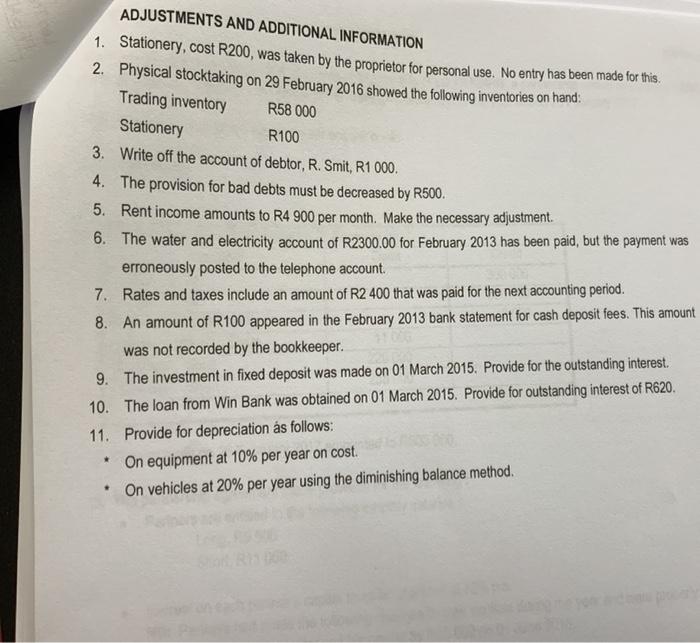 2016, the end of the financial year. REQUIRED Use the trial balance