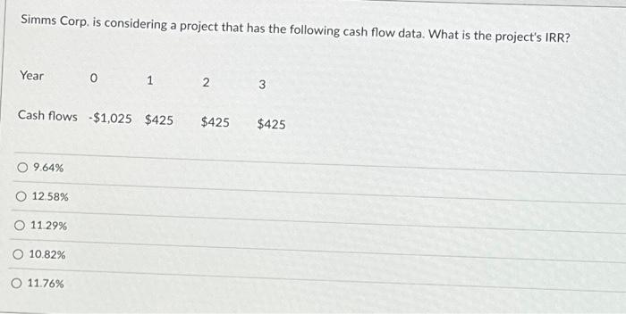Simms Corp. is considering a project that has the following cash flow
