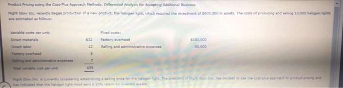  Product Pricing using the Cost-Plus Approach Methods: Differential Analysis for Accepting