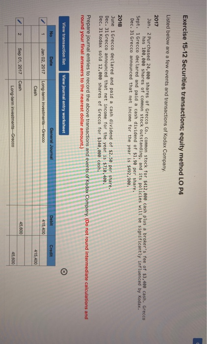  Exercise 15-12 Securities transactions; equity method LO P4 Listed below are