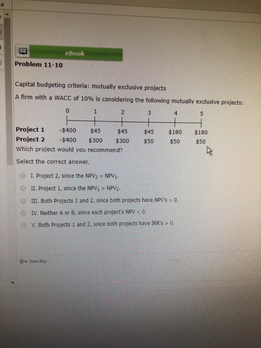 eBook Problem 11-10 Capital budgeting criteria: mutually exclusive projects A firm with