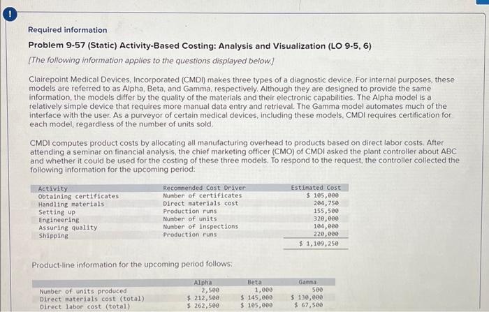  Problem 9-57 (Static) Activity-Based Costing: Analysis and Visualization ( LO 95,6)