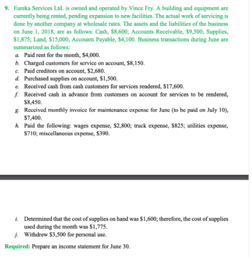 Show all your calculations part 9. Eureka Services Ltd. is owned