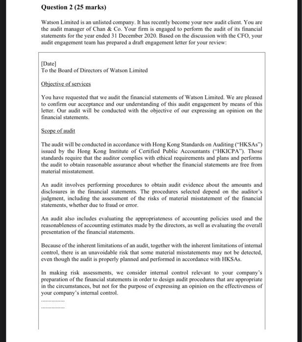 pls answer all this questions Question 2 (25 marks) Watson Limited is