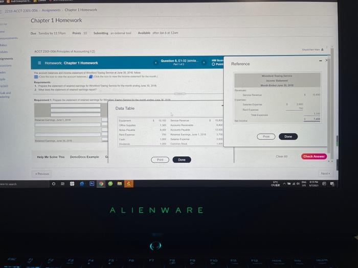  ACCT 2301-005 Aliments Chapter 1 Homework Chapter 1 Homework Due Teday