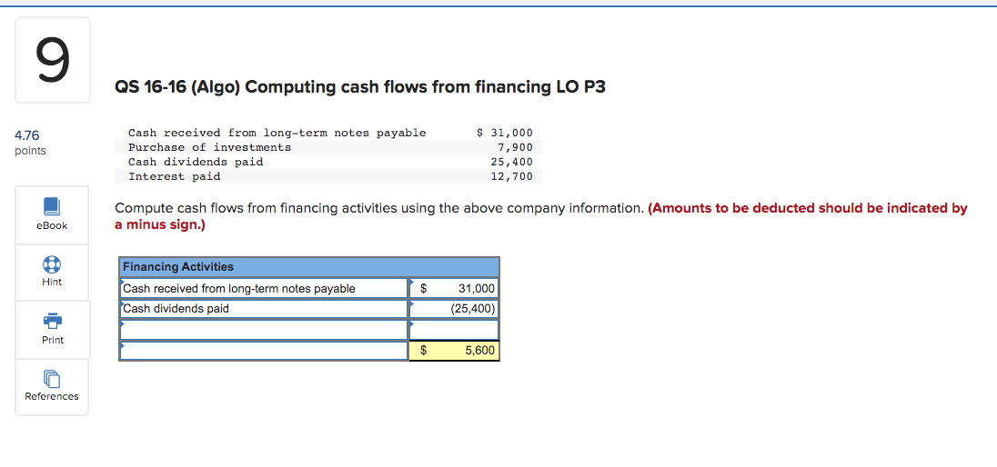  9 QS 16-16 (Algo) Computing cash flows from financing LO P3