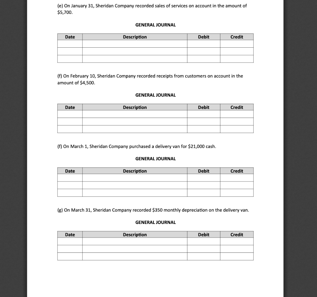 each transaction and write the journal entry. (a) On December 26, Sheridan