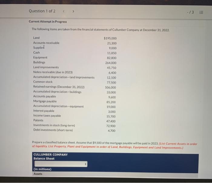  Question 1 of 2 > -/3 E Current Attempt in Progress