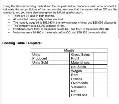 Using the standard costing method and the template below, produce a basic