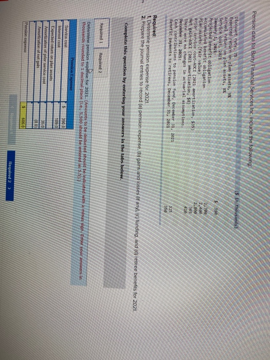  Pension data for Barty Financial Services Inc. include the following: (s