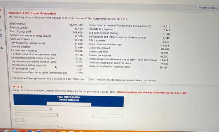  PENTER VERSION Problem 4-4 (Part Level Submission) The following account balances